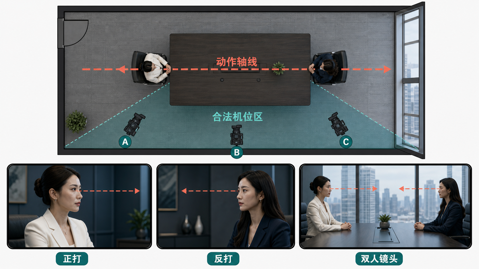 图 24-1 动作轴线、合法机位区与视线匹配